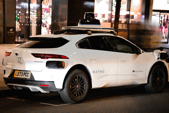 Waymo Driver Autonomous Robotaxi Electric Vehicle (Google Self-Driving Car Cameras, Lidar, Radar) Jaguar I-PACE Driverless Taxi, London, England, UK &ndash;2026