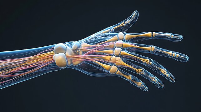 Detailed 3D rendering of human hand anatomy highlighting bones tendons and nerves on a dark blue background