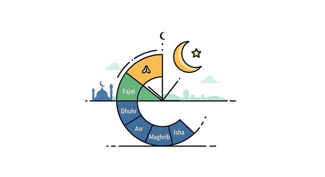A colorful, graphic depiction of Islamic prayer times represented as segments of a circle, with a crescent moon and star