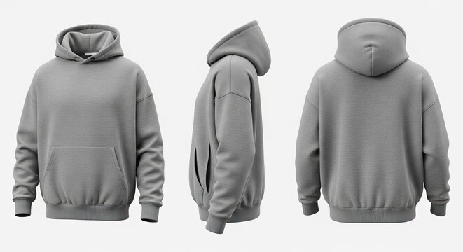 oversized grey cotton hoodie multi-angle views, plain white background clothing mockup design concept