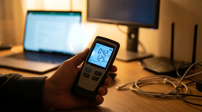 Handheld EMF meter displaying fluctuating electromagnetic field readings on a desk with computer equipment