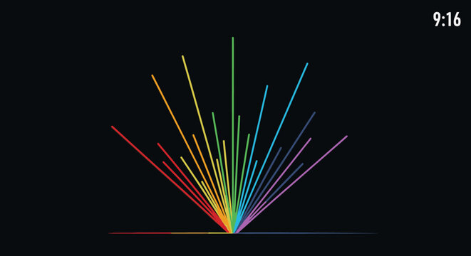 Vibrant abstract burst of colorful rainbow lines on a dark background, representing digital data, sound waves, or modern technology.