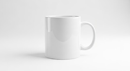 Fototapeta premium Glossy blank white ceramic mug soft neutral studio background, mockup design concept