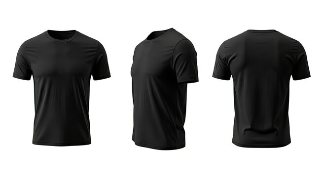 set of black cotton t-shirt mockups three views, blank apparel design concept