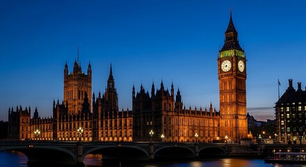 Fototapeta premium A dusk cityscape showcases a prominent clock tower illuminated against a deep blue sky alongside a sprawling building and a graceful bridge