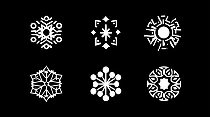 Set of six stylized white geometric snowflake icons on a black background. Winter holiday design elements, Christmas graphic collection.