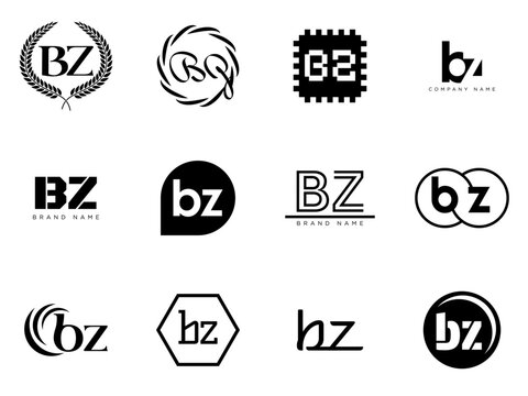 BZ logo company template. Letter b and z logotype. Set different classic serif lettering and modern bold text with design elements. Initial font typography.