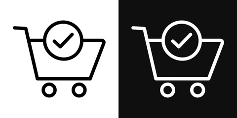 Shopping cart and check mark icons set in black and white thin line stroke © rea