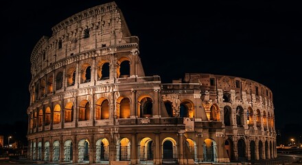Fototapeta premium A detailed view of a historical Roman amphitheater at night, featuring illuminated arches and architectural details against a dark sky
