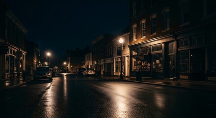 A dark night view of a quiet, wet, old town street. Reflections gleam on pavement under streetlights, illuminating shops and buildings