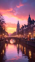 Fototapeta premium Scenic canal view with reflections of buildings and sunset sky, bridge and lights