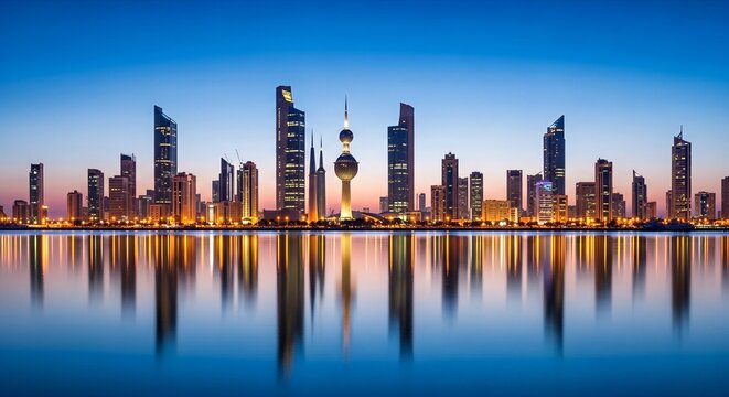Kuwait City Skyline with Modern Skyscrapers Reflecting in Calm Water at Dusk