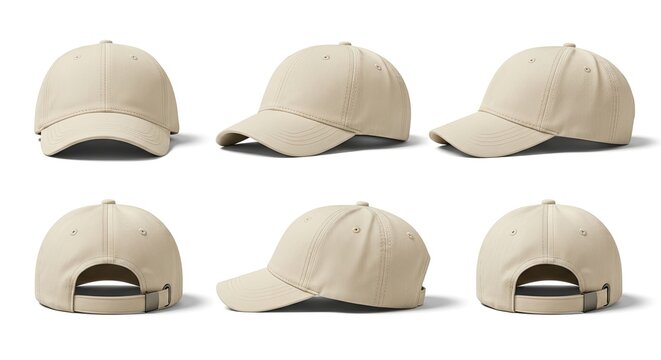 beige baseball caps, multi-angle views, plain white background, mockup design concept