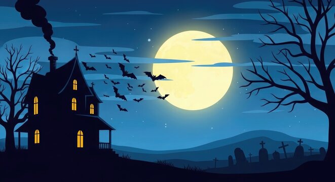 A spooky night scene with a full moon and a haunted house