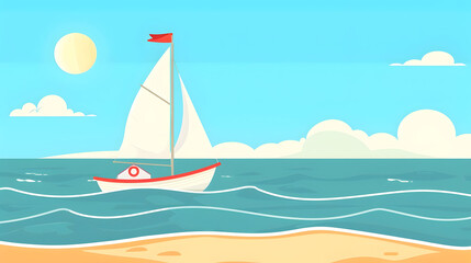 Charming flat style illustration of a sailboat at sea on a sunny day