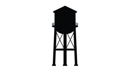 A stark black water tower stands against a white background silhouette © Rabbi