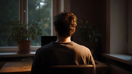 Fototapeta premium A person sits at a desk illuminated by natural light from a window engrossed in work on a laptop in a quiet room