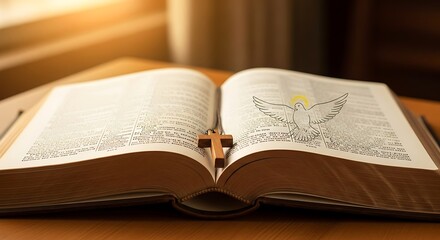 Obraz premium Open Bible with Cross on Wooden Table.