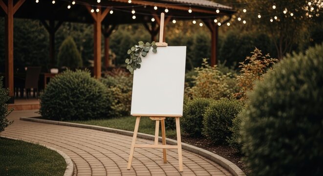 Blank canvas wooden easel with eucalyptus accent, garden pavilion wedding mockup concept