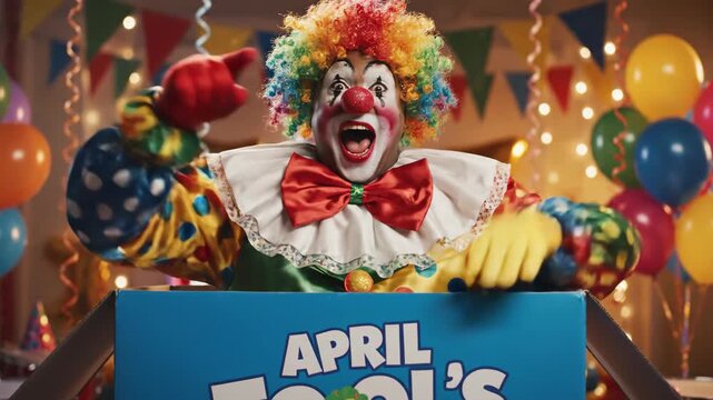 Clown popping out of April Fool's Day box with arms raised