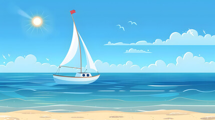Fototapeta premium Serene seaside scene with sailboat and blue sky for nautical design
