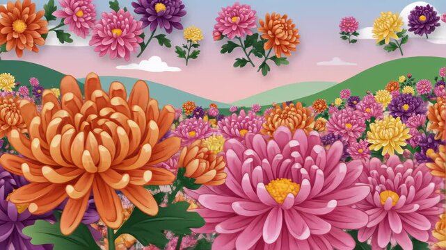 A vibrant and colorful illustrated chrysanthemums flowers cartoon seamless looped background, horizontal motion with parallax