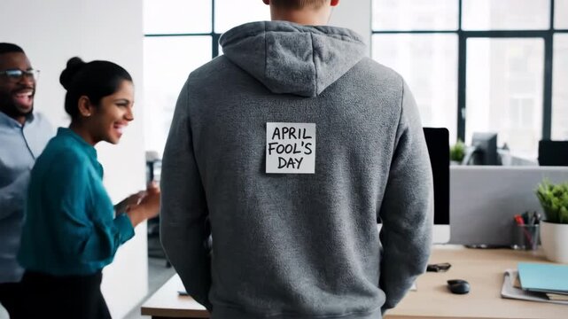 Colleagues playing April Fool's Day prank on coworker in office