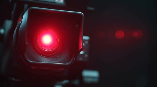 Television camera aimed directly at the viewer with a glowing red recording light, creating an invasive, confrontational atmosphere that evokes surveillance and media scrutiny.
