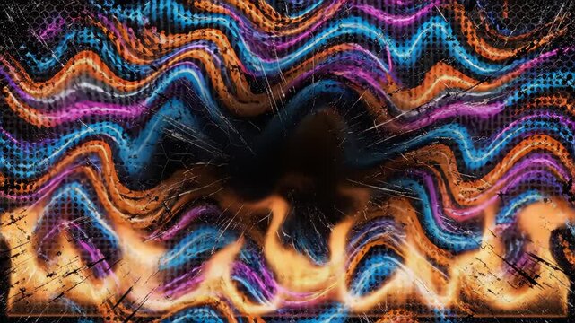 Abstract wavy hexagonal halftone fluid motion background with central place for text. Scratched pop art wavy dynamic technological flames.