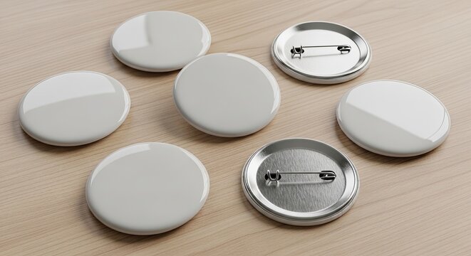 glossy white blank button badges on light wood table, mockup design concept
