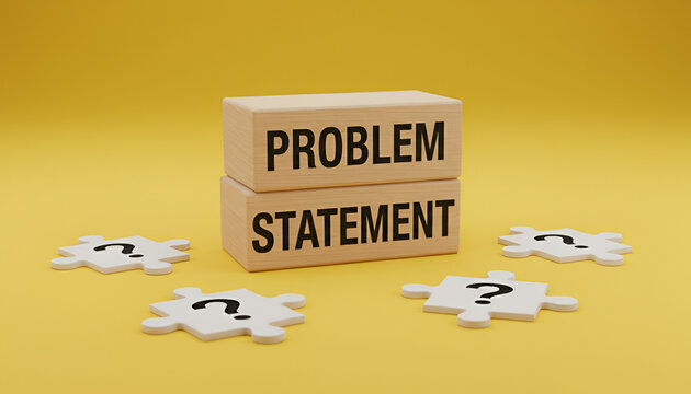 Problem Statement Blocks with Question Mark Puzzle Pieces on Bright Yellow Background (Critical Thinking, Brain Teaser)

