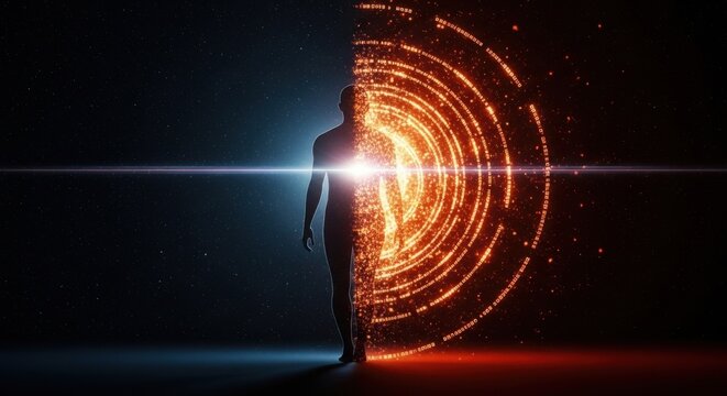 Mysterious silhouette with glowing orange portal in dark space