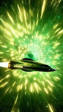 Futuristic spacecraft speeds through a vibrant green nebula showcasing advanced technology and interstellar travel in a stunning cosmic landscape for sci-fi projects