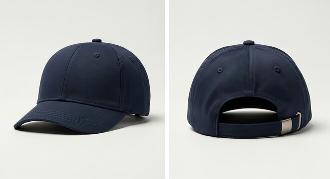navy baseball cap front and back views, minimalist neutral background, mockup design concept