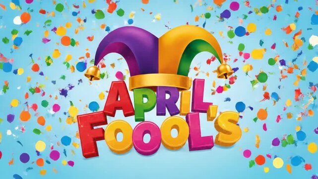 Colorful April Fool's Day text with jester hat and bells