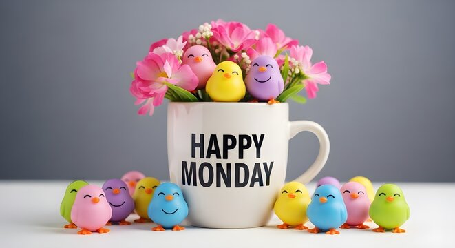 Easter monday celebration with colorful easter eggs and happy monday mug