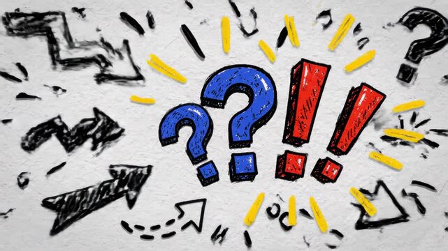 Set of doodle animated elements including hand-drawn of arrows, spark, question and exclamation mark symbols. Perfect for motion graphics, creative videos, and playful design projects.