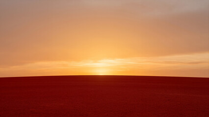 Fototapeta premium Serene Sunset over Vast Red Field with Glowing Horizon and Soft Orange Sky Creating Tranquil Natural Landscape for Travel or Meditation Backgrounds