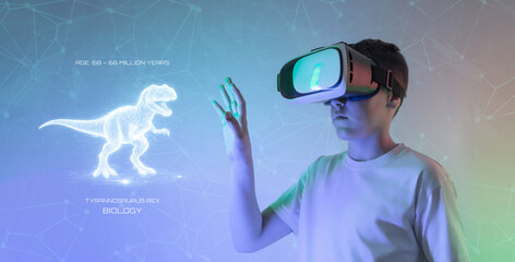 Boy wearing virtual reality headset interacting with holographic dinosaur representing immersive education, digital science learning and prehistoric exploration in virtual environment © Stanisic Vladimir