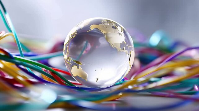 Glass globe rests atop tangled, colorful wires