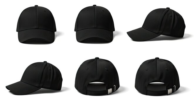 black baseball caps, multi-angle mockup set on clean white background, mockup design concept