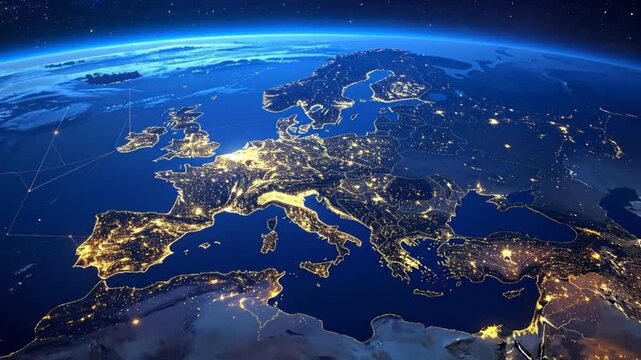 Night view of Europe from space, showing city lights and geographical features against a dark background.