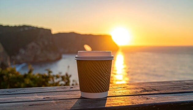 Paper cup of coffee sits on wooden table with view of sun rising over ocean and cliffs in background