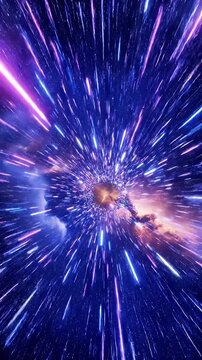 Dramatic cosmic explosion with vibrant light trails and swirling nebula clouds against a deep black space background perfect for science technology and futuristic themes