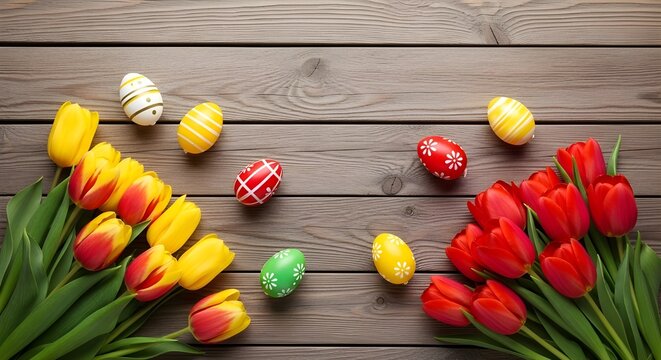 Easter monday decorations with colorful tulips and easter eggs on wooden background