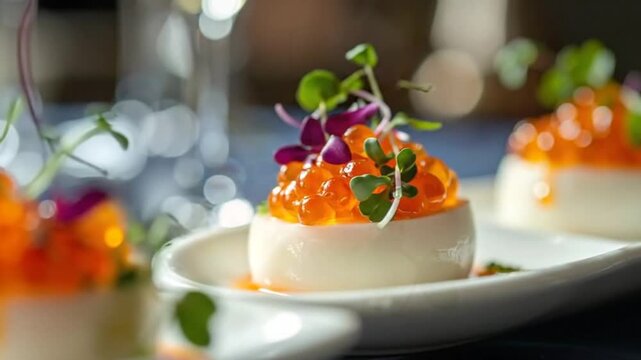 Elegant appetizer of egg and caviar, beautifully presented on a white spoon, ready to be served.
