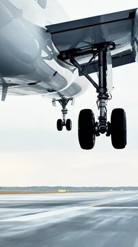 Dramatic low-angle view of an airplane landing gear in motion conveying speed and technological precision during a commercial flight takeoff sequence