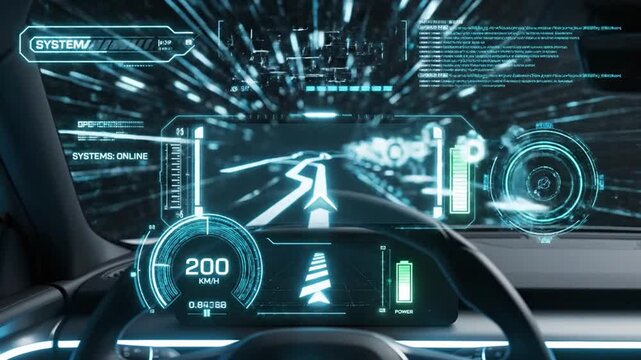 Advanced autonomous car interior with holographic HUD and digital dashboard for futuristic navigation and smart driving. Concept of electric vehicles, AI-powered transport, and future mobility...