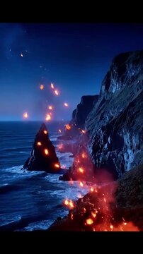 Dramatic volcanic eruption at night with fiery lava flow cascading into the ocean creating a stunning display of natural power and geological wonder