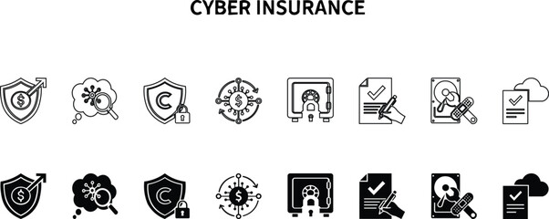 Cyber Insurance Protection Icons Minimal Line Art Vector Set